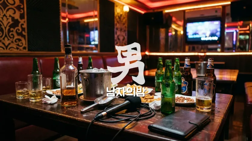 다낭 가라오케 룸 테이블에 차려진 양주 세트와 잔