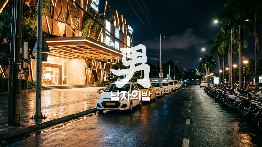 다낭 밤 택시와 오토바이가 지나는 시내 교차로 야경