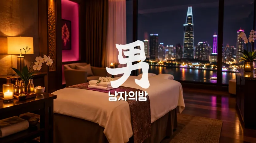 연출 이미지 - 호치민 야경이 보이는 호텔 객실에 마사지 베드와 수건, 아로마 오일이 놓인 분위기