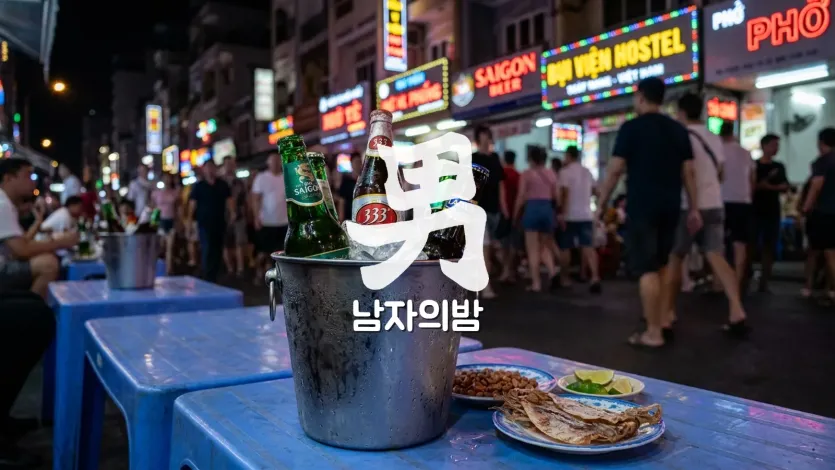 부이비엔 거리 맥주 버킷과 길거리 음식 네온 보케