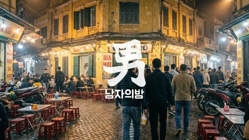 하노이 구시가지 따히엔 맥주거리 코너 골목 붉은 등불과 네온 간판