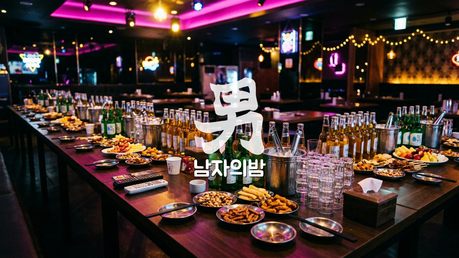 푸꾸옥 가라오케 룸 테이블에 세팅된 소주와 맥주, 안주 접시