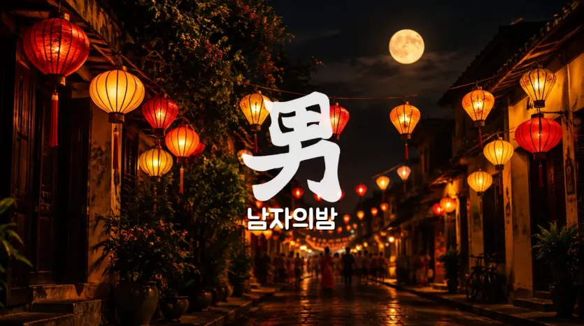 등불이 걸린 베트남 골목과 보름달이 뜬 중추절 분위기 이미지