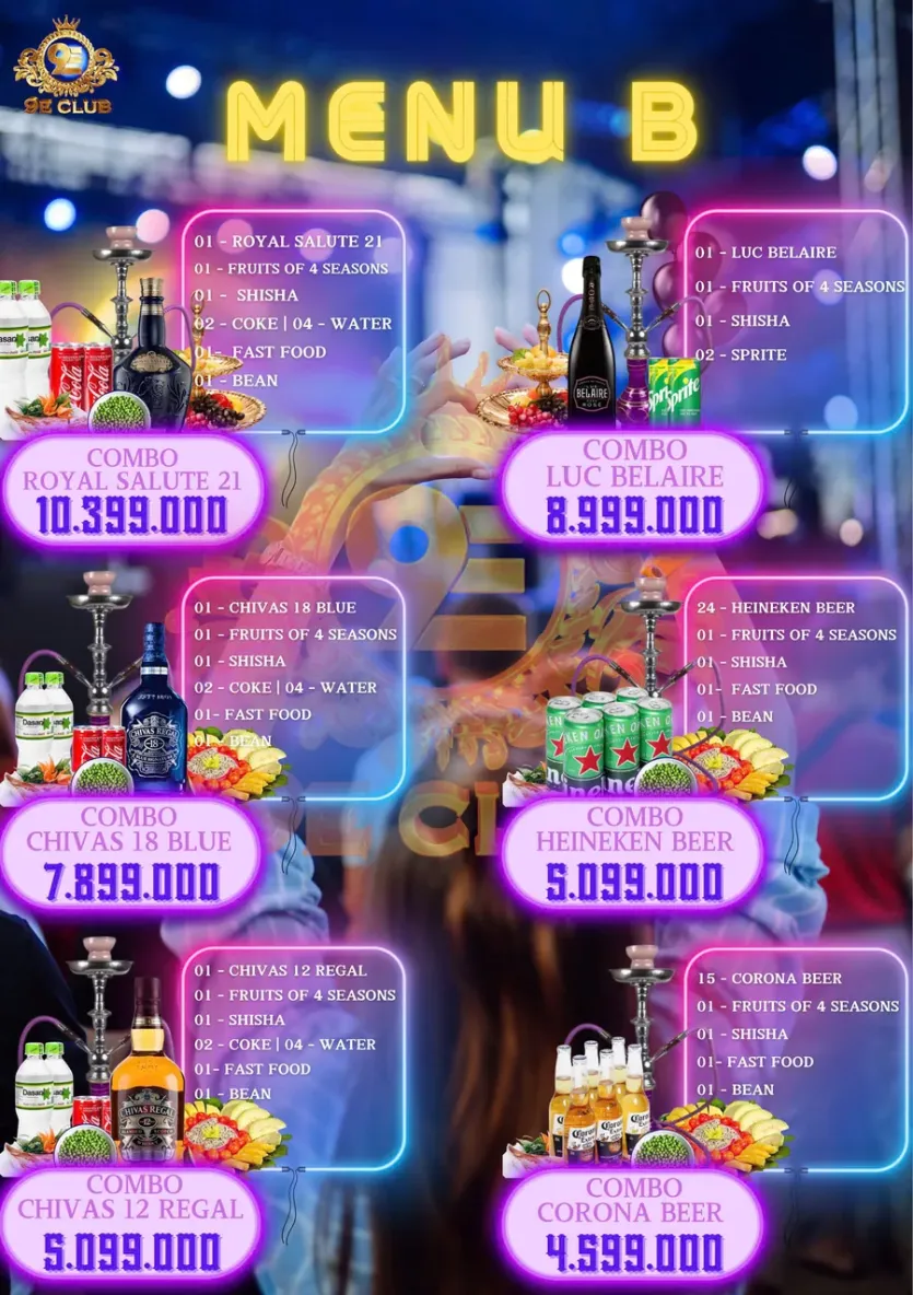 푸꾸옥 9E CLUB 메뉴판 MENU B 콤보 6종과 가격