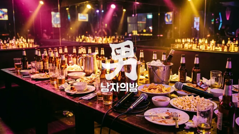 푸꾸옥 가라오케 룸 테이블에 놓인 계산서와 술병, 예산을 확인하는 장면