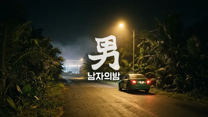 새벽 푸꾸옥 거리에서 차량을 기다리는 사람과 흐릿한 네온 간판